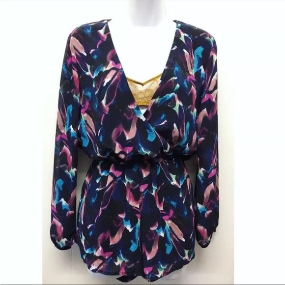 Luca Couture Watercolor Low Cut Sheer Arm Romper - Picture 2 of 15